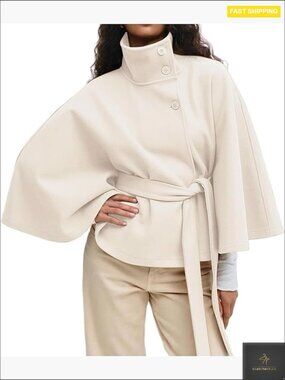 Batwing Sleeve Poncho Coat Oversized Winter Pea Coat Stand Collar Cropped Cape